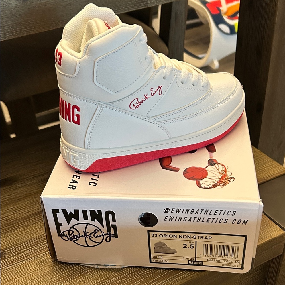 Brand New Patrick Ewing White and Red High-Top Pre School Sneakers 2.5 Youth